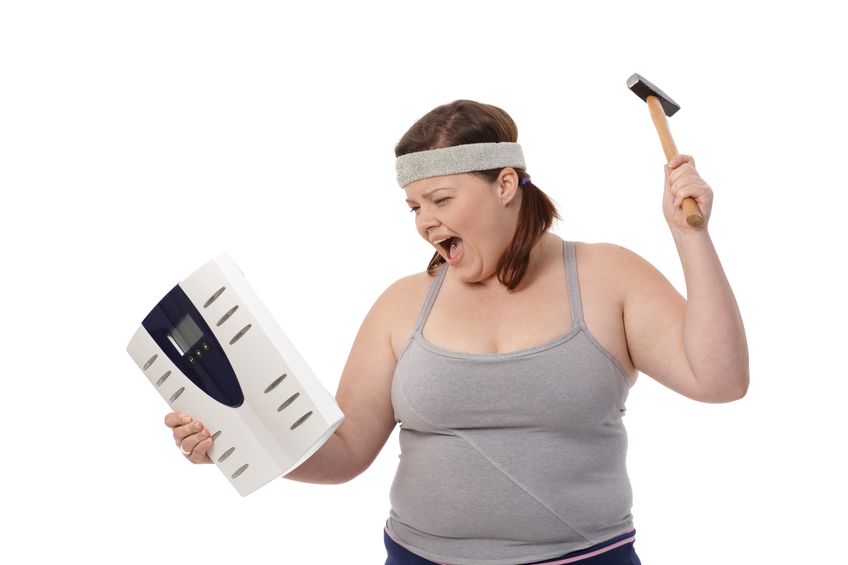 12472192 - angry fat woman punching scale by hammer, shouting.