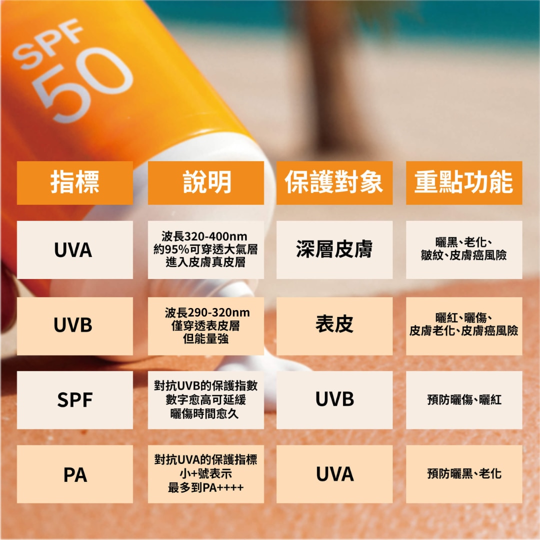 防曬產品與防曬指標說明圖,展示SPF、PA+++、UVA與UVB差異和指標功能解析