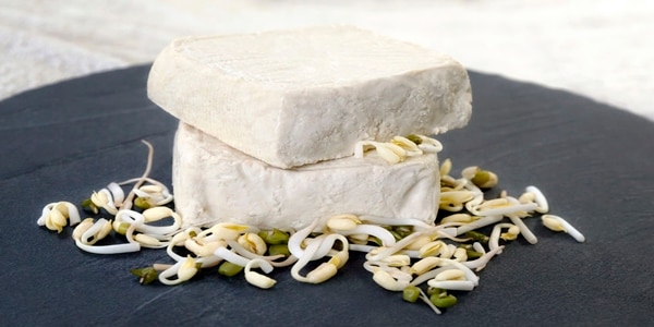 Raw tofu pieces on a stone base of the board and soybeans, the raw material from which we get the tofu.