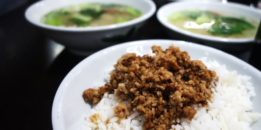 Braised pork rice bowl - Ground pork marinated and boiled in soy sauce served on top of steamed rice