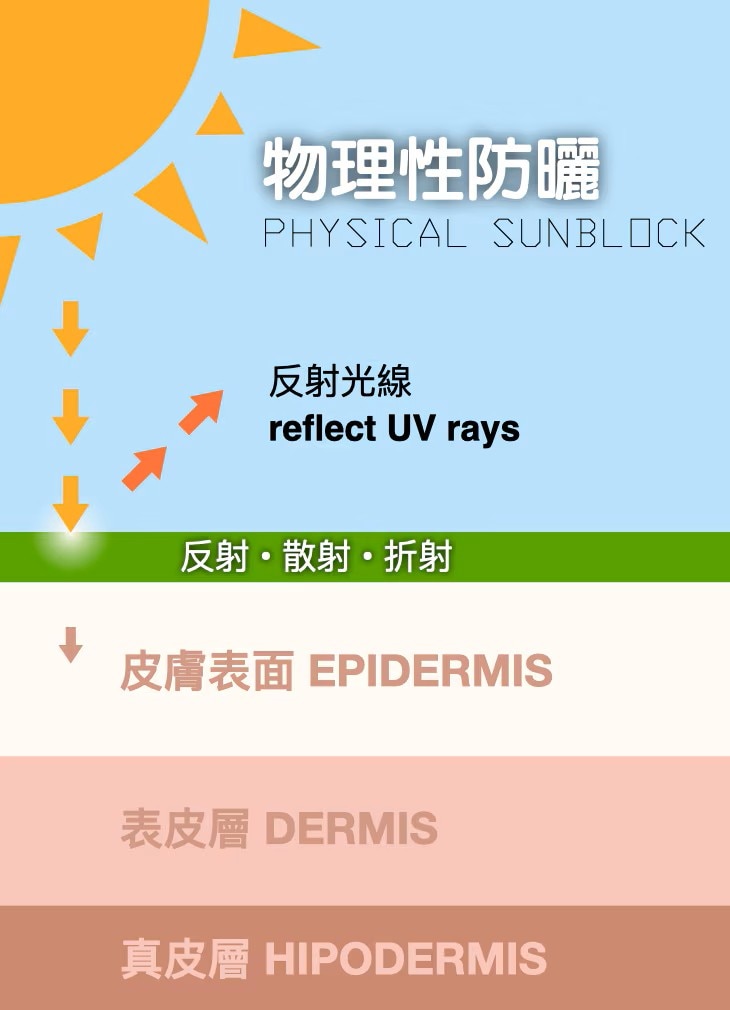 
物理性防曬資訊圖，展示綠色防曬層反射紫外線，並標示皮膚表面、表皮層與真皮層的中英文名稱。
